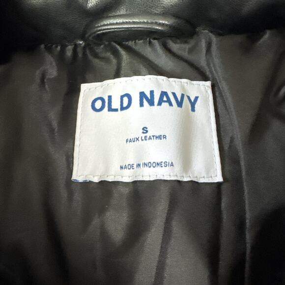 Old Navy Snap Front Faux Leather Puffer Jacket Coat Black sz S - Picture 5 of 7